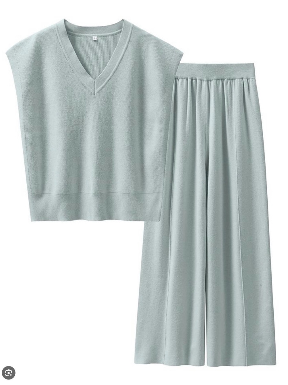 V-Neck Knit Two-Piece Loungewear Set in Light Sage